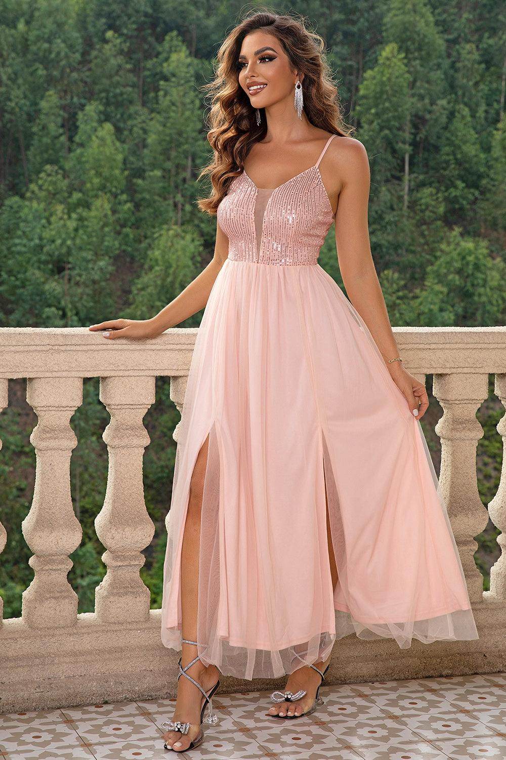Spaghetti Strap Slit Mesh Dress for Elegant Evening Wear
