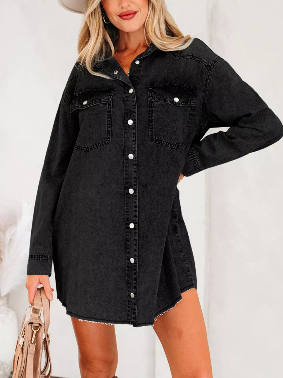 Chest Pocket Raw Hem Denim Loose Shirt Dress