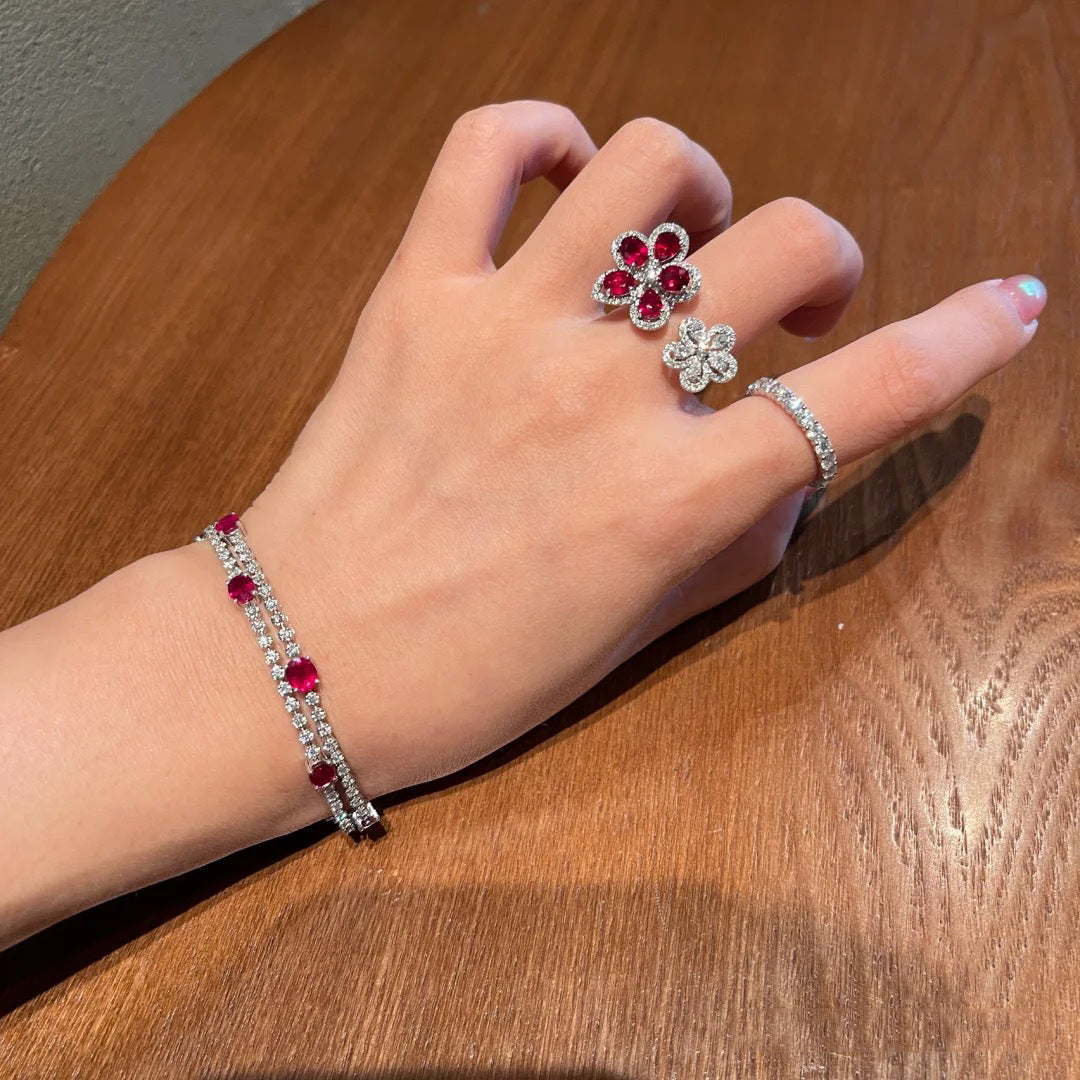 Colorful Bright Crimson Gemstone Flower Grape Purple Zircon Shining Diamond Flower Ring