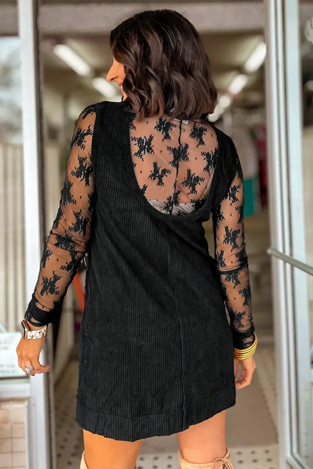Black Corduroy Exposed Seam Sleeveless Mini Dress