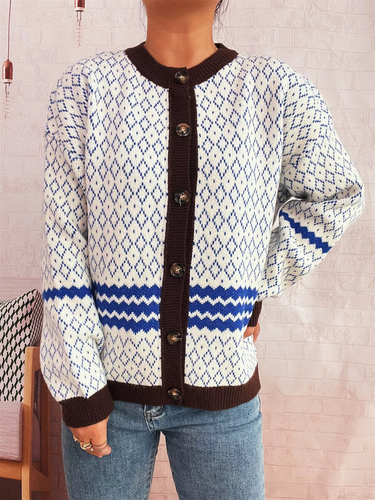 Geometric Pattern Button Up Cardigan