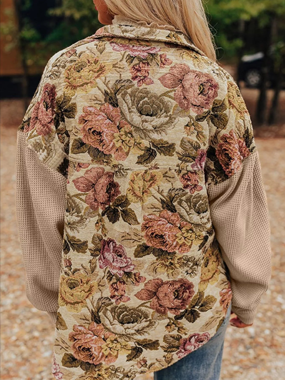 Floral Waffle Knit Patchwork Chest Pockets Buttoned Jacket