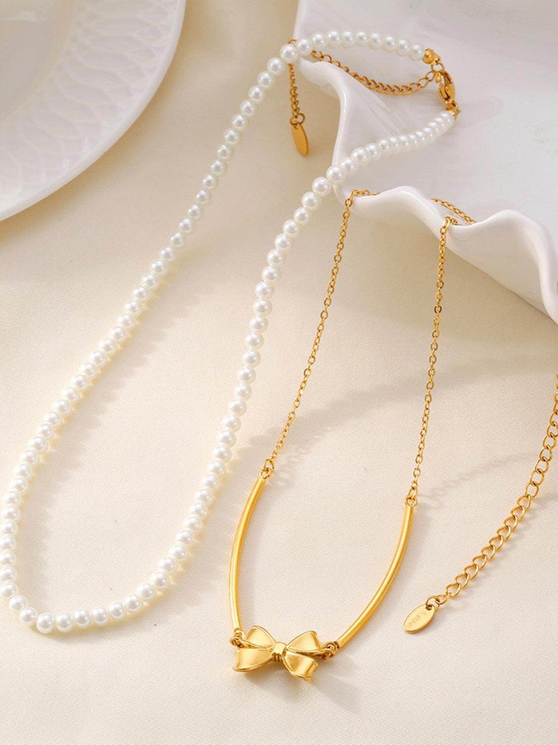 3 Piece Pearl Necklace Bow Necklace and Stud Earrings Set