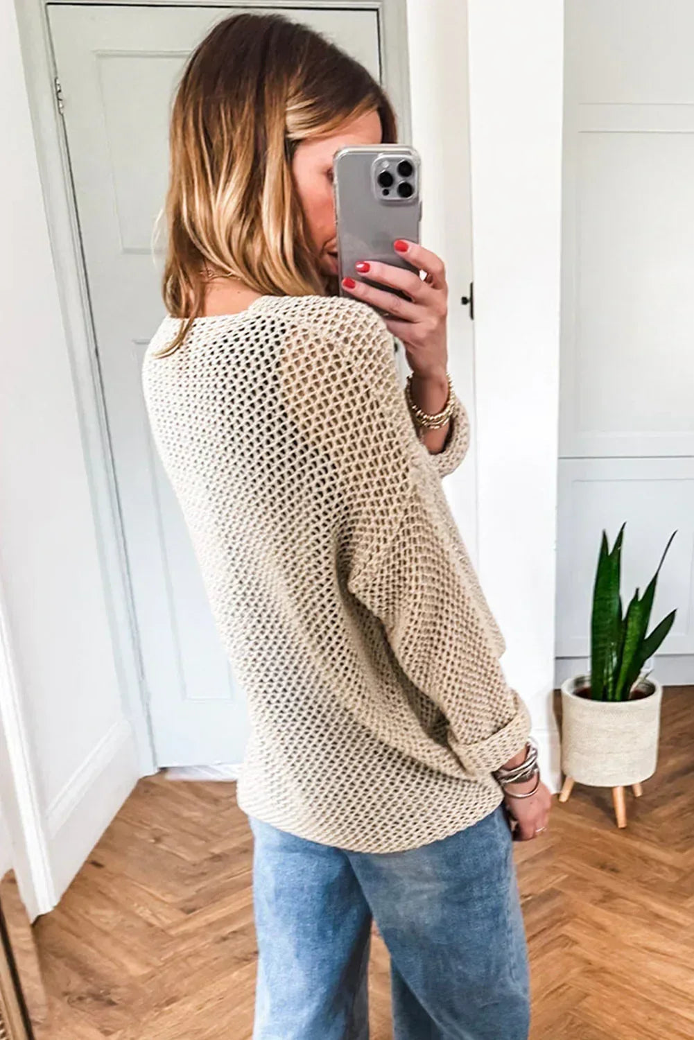 Smoke Gray Crochet Hollow-out Knit Sweater