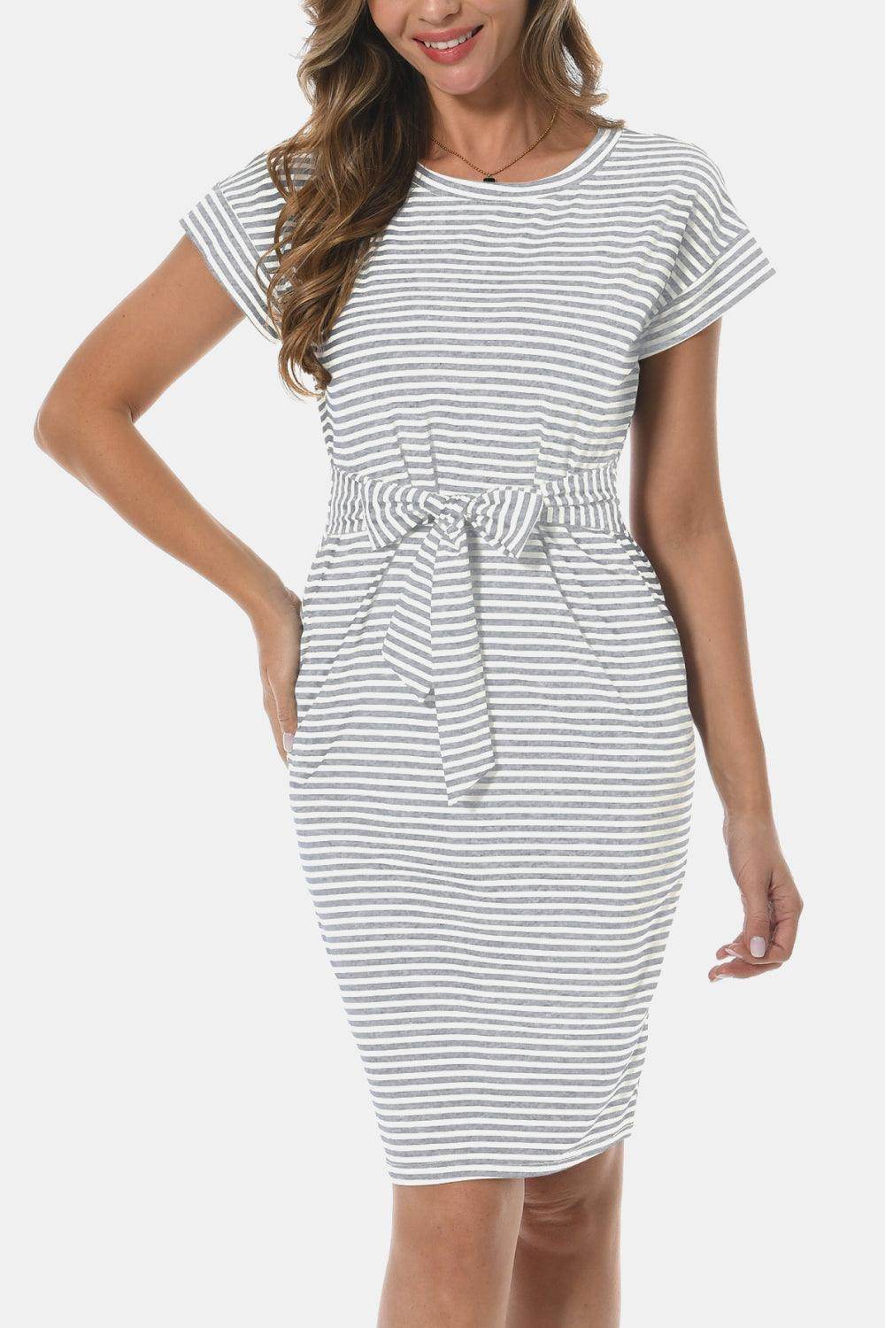 Tie Front Round Neck Short Sleeve Dress for Women