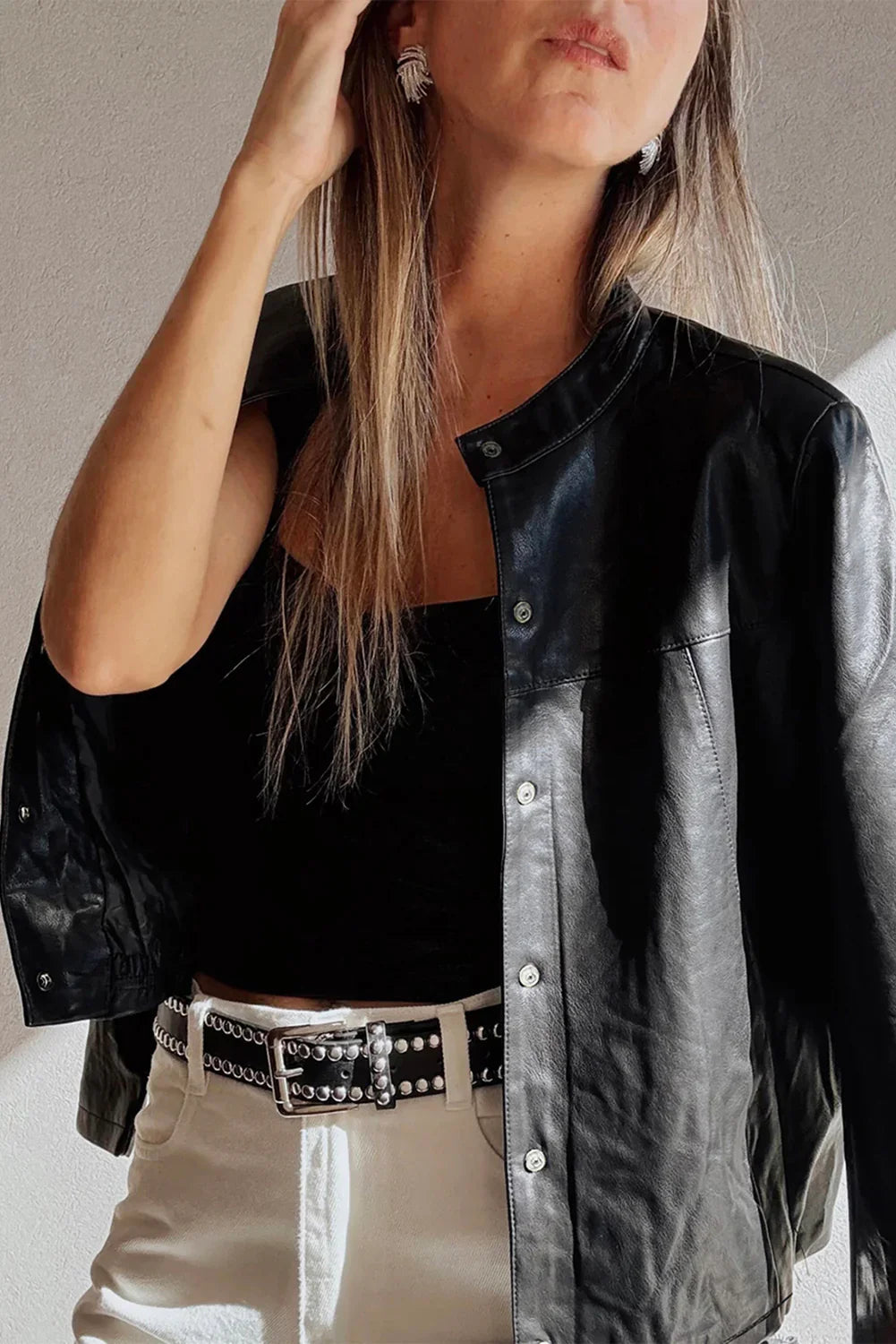 Black Faux Leather Boxy Jacket | PU Button Front Coat - Femstylo