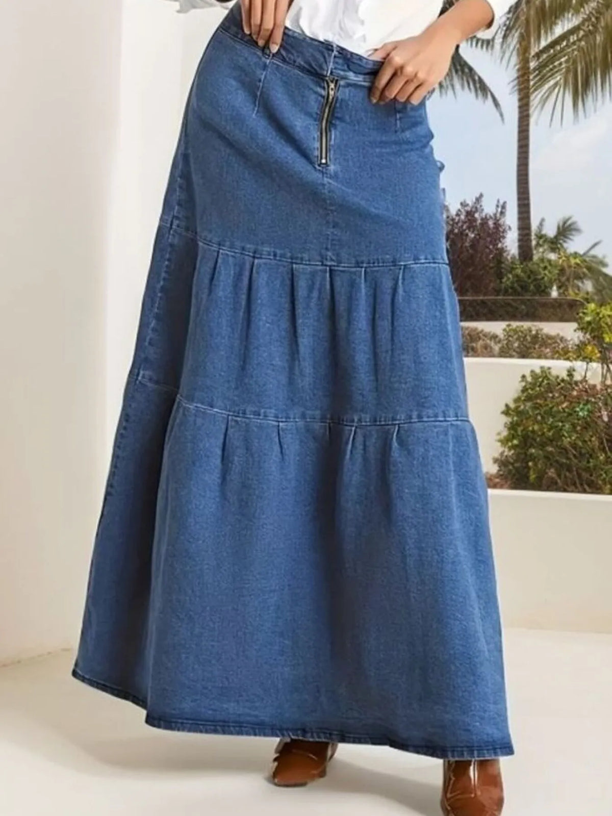 Tiered Maxi Denim Skirt with Zipper Detail