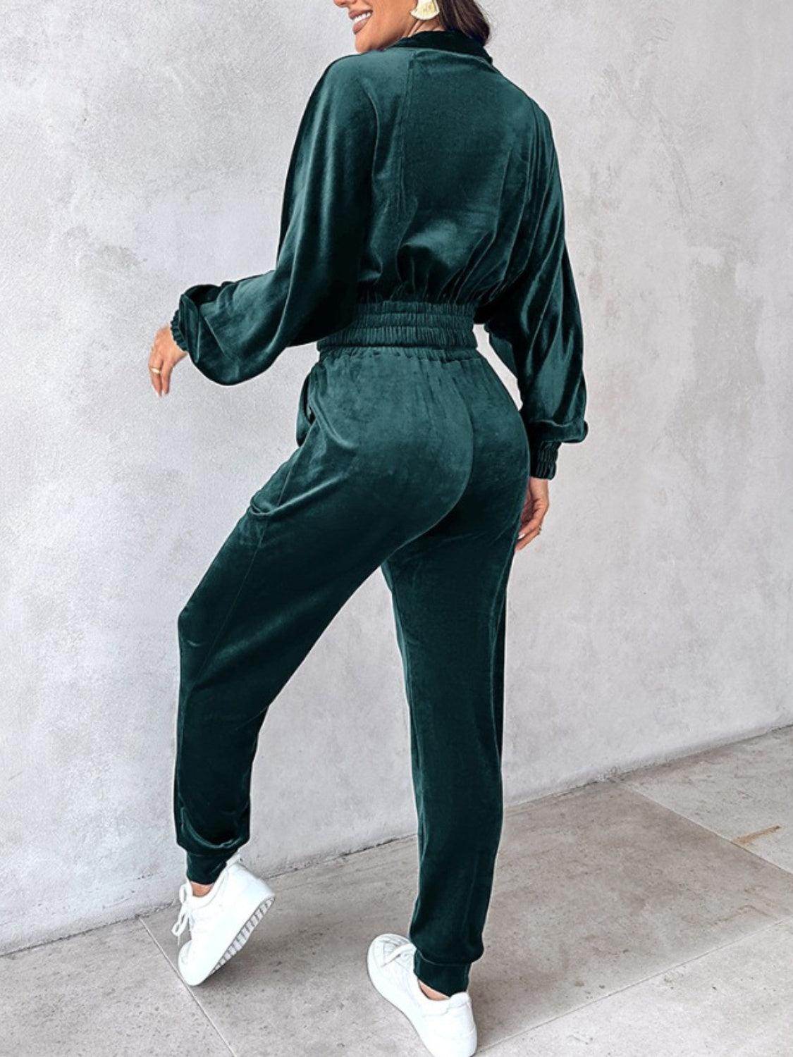Zip Up Long Sleeve Cropped Top and Joggers Set for Women