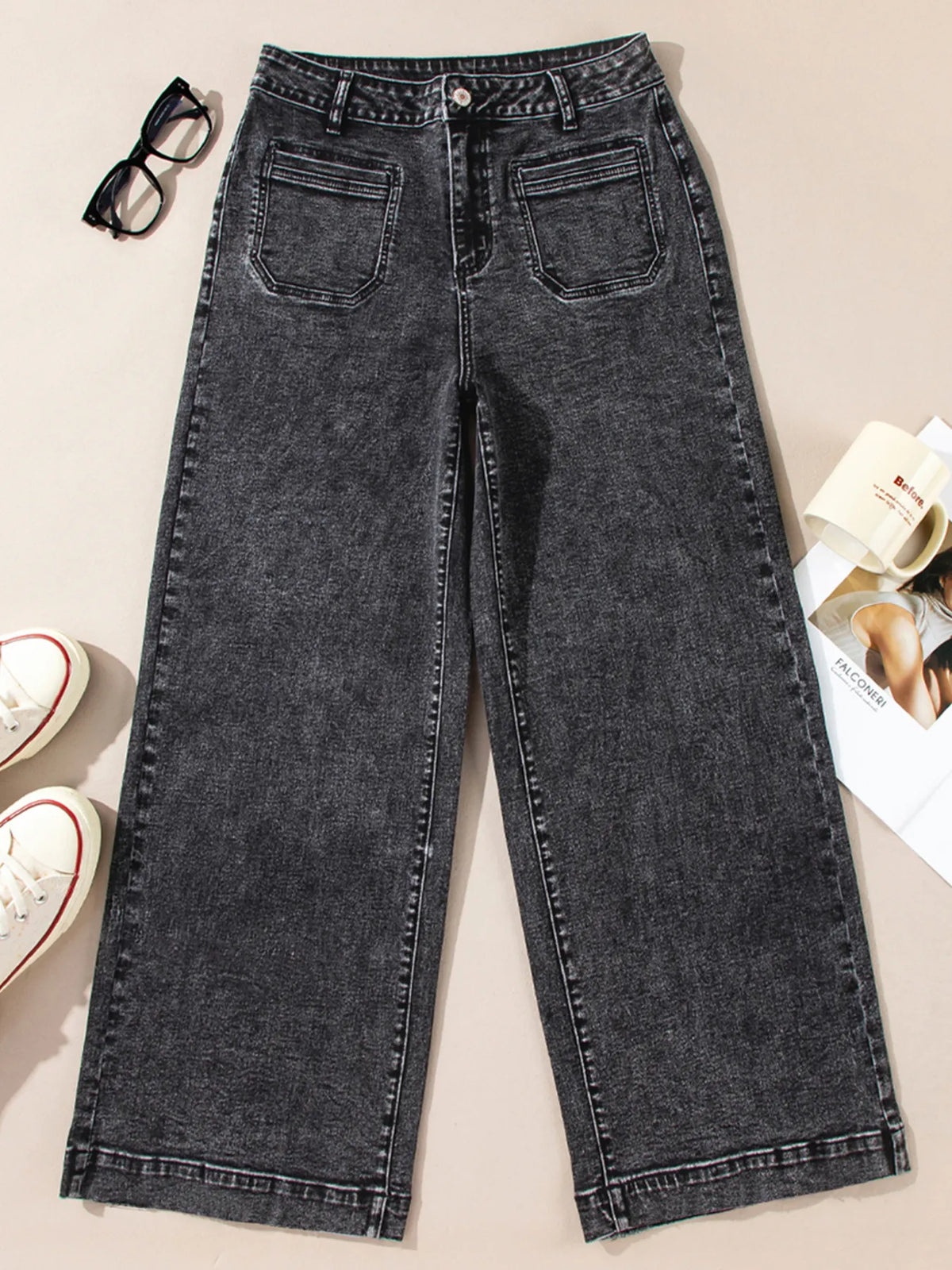 High-Waisted Wide Leg Washed Jeans