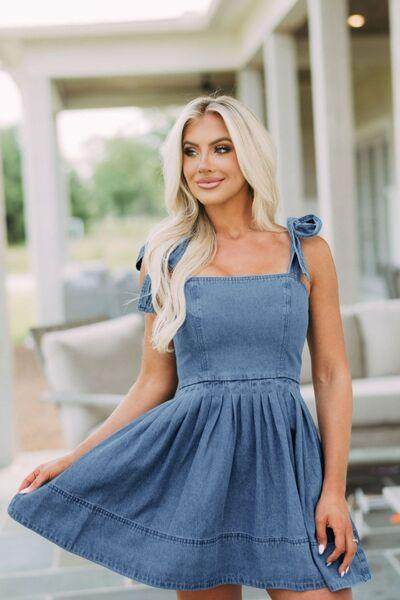 Square Neck Tie Shoulder Denim Dress for Women Fashion