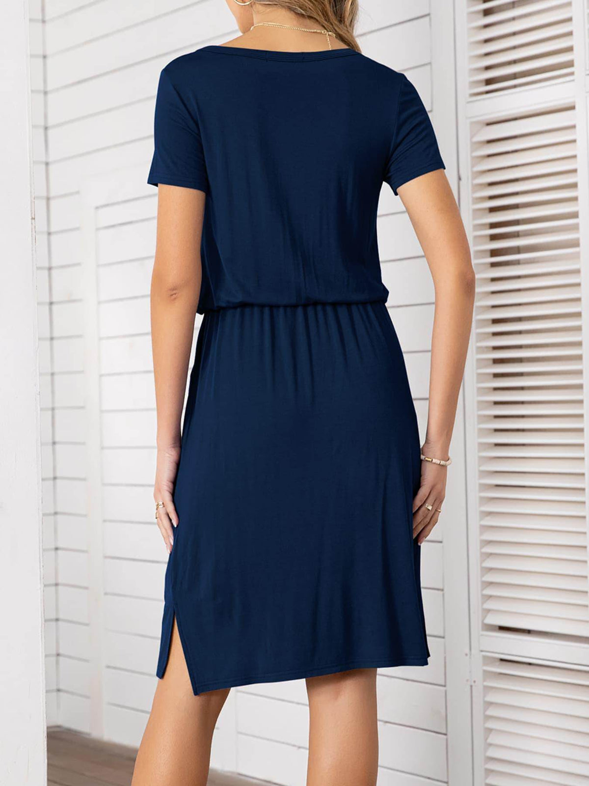 Round Neck Short Sleeve Slit Dress with Pockets for Women