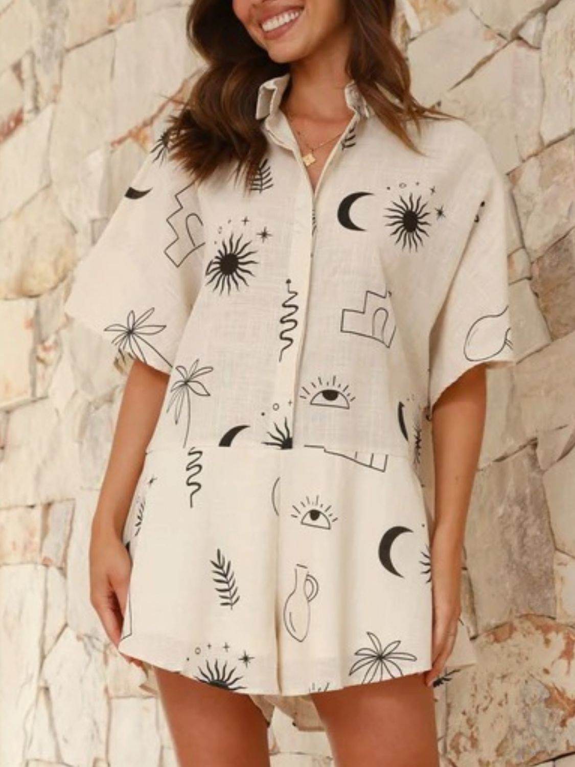 Printed Collared Neck Half Sleeve Romper For women