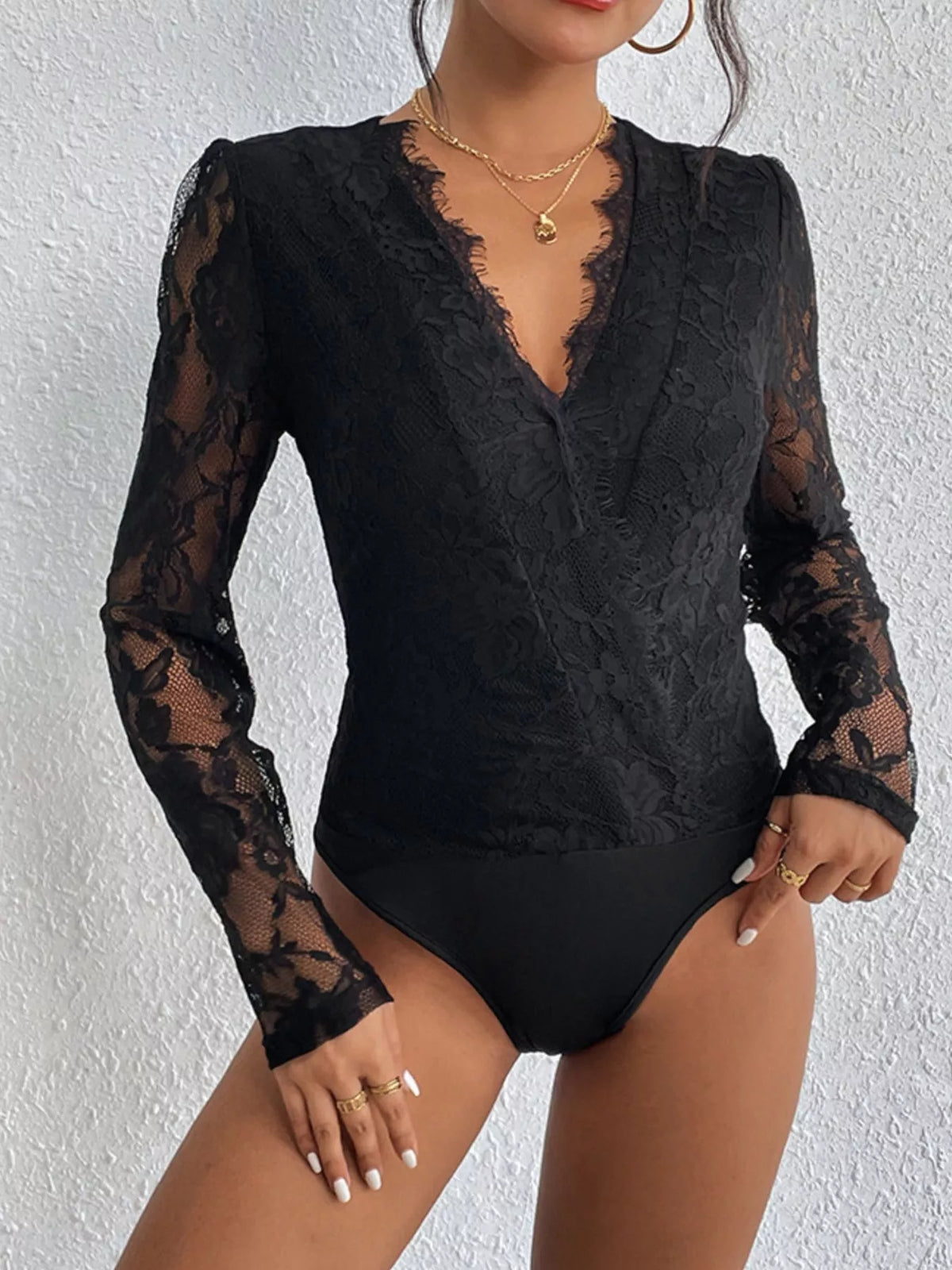 Lace V-Neck Long Sleeve Bodysuit