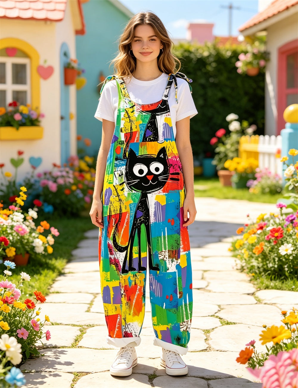 Women Colorful Graffiti Black Cat Print Tie Strap Overalls, Loose Wide Leg Rolled Cuff Casual Jumpsuit With Pockets