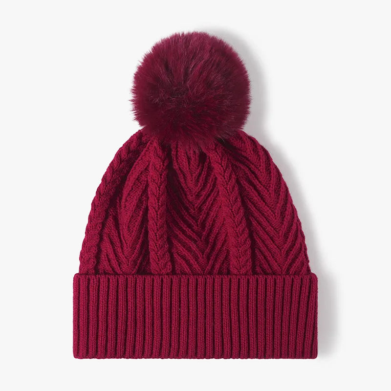 Cable Knit Solid Color Hat with Pompom