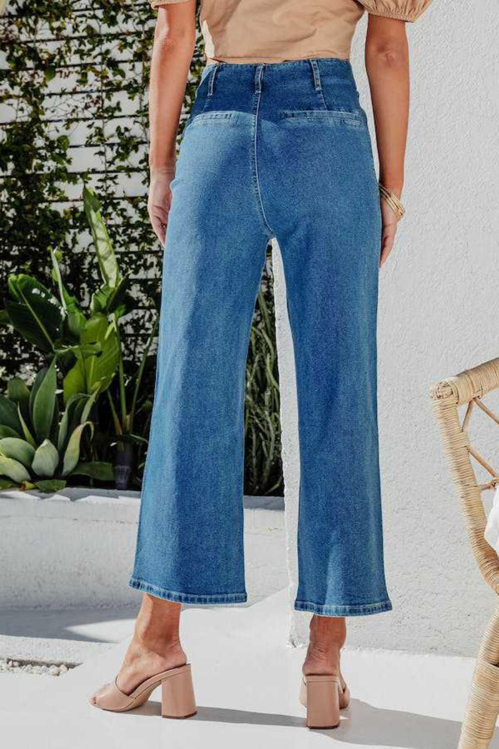 Button Fly Cropped Wide Leg Jeans