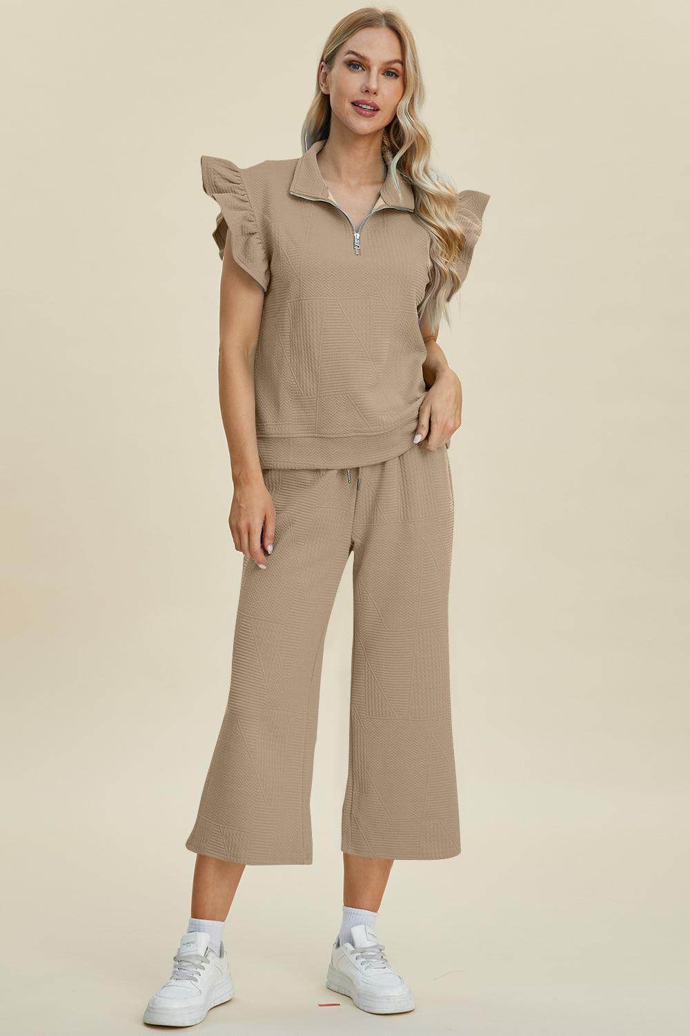 Double Take Full Size Texture Ruffle Top and Pants Set