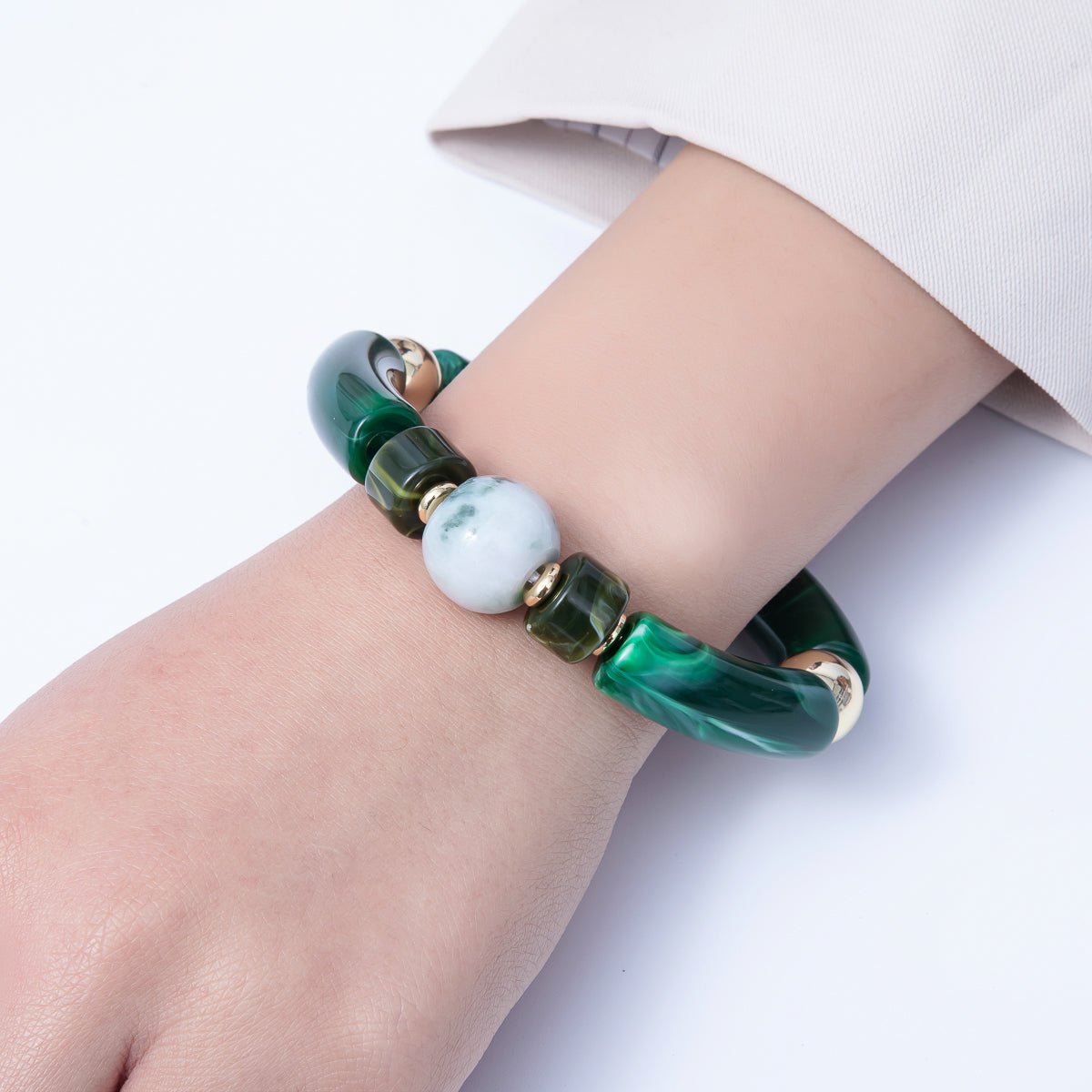 6mm Green Malachite, Peridot Gemstone Bead Stretch Bracelet | WA-03973