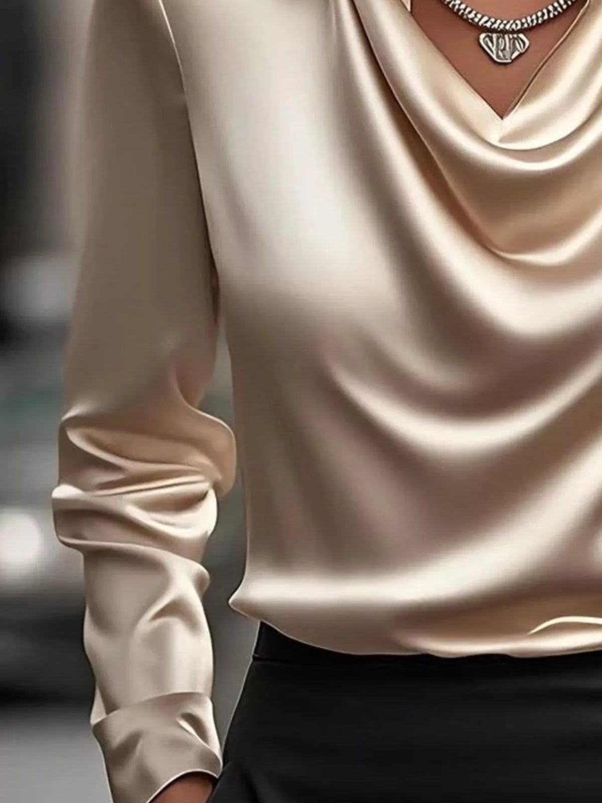Full Size Satin Cowl Neck Long Sleeve Blouse Plus Size