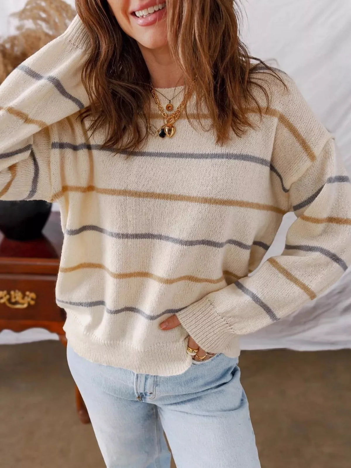 Striped Round Neck Drop Shoulder Sweater