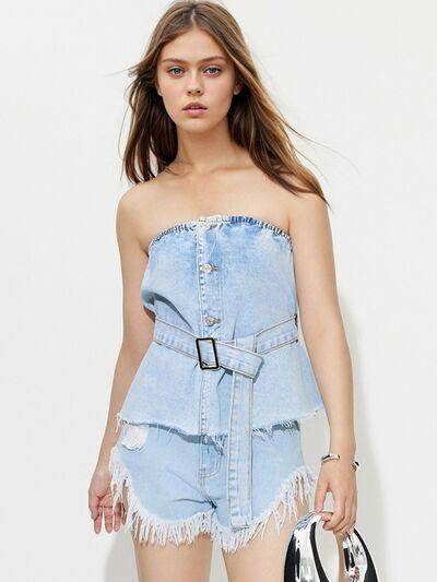 Buttoned Raw Hem Tube Denim Top for Stylish Comfort