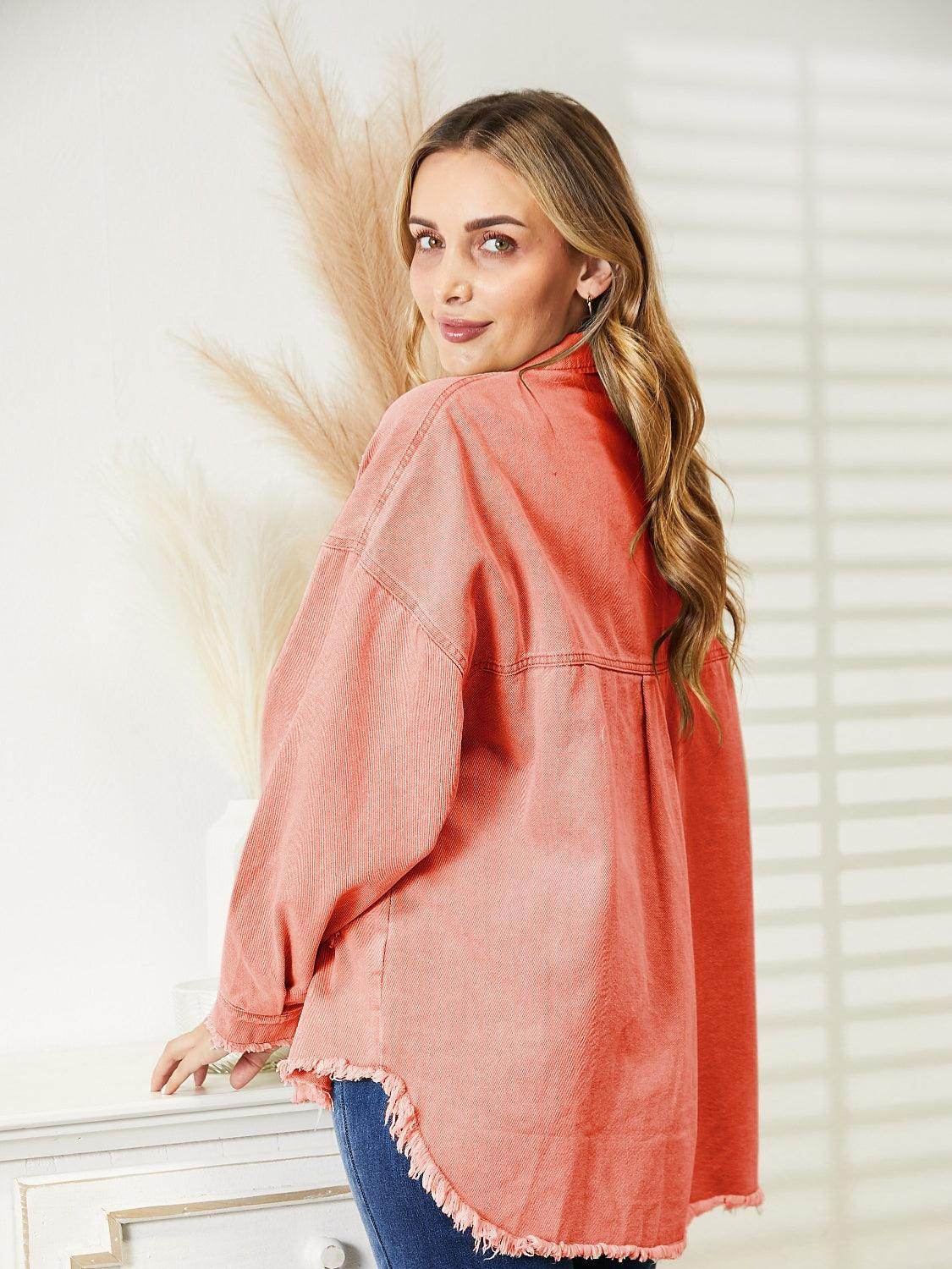 Distressed Raw Hem Denim Jacket for Relaxed Fit Style