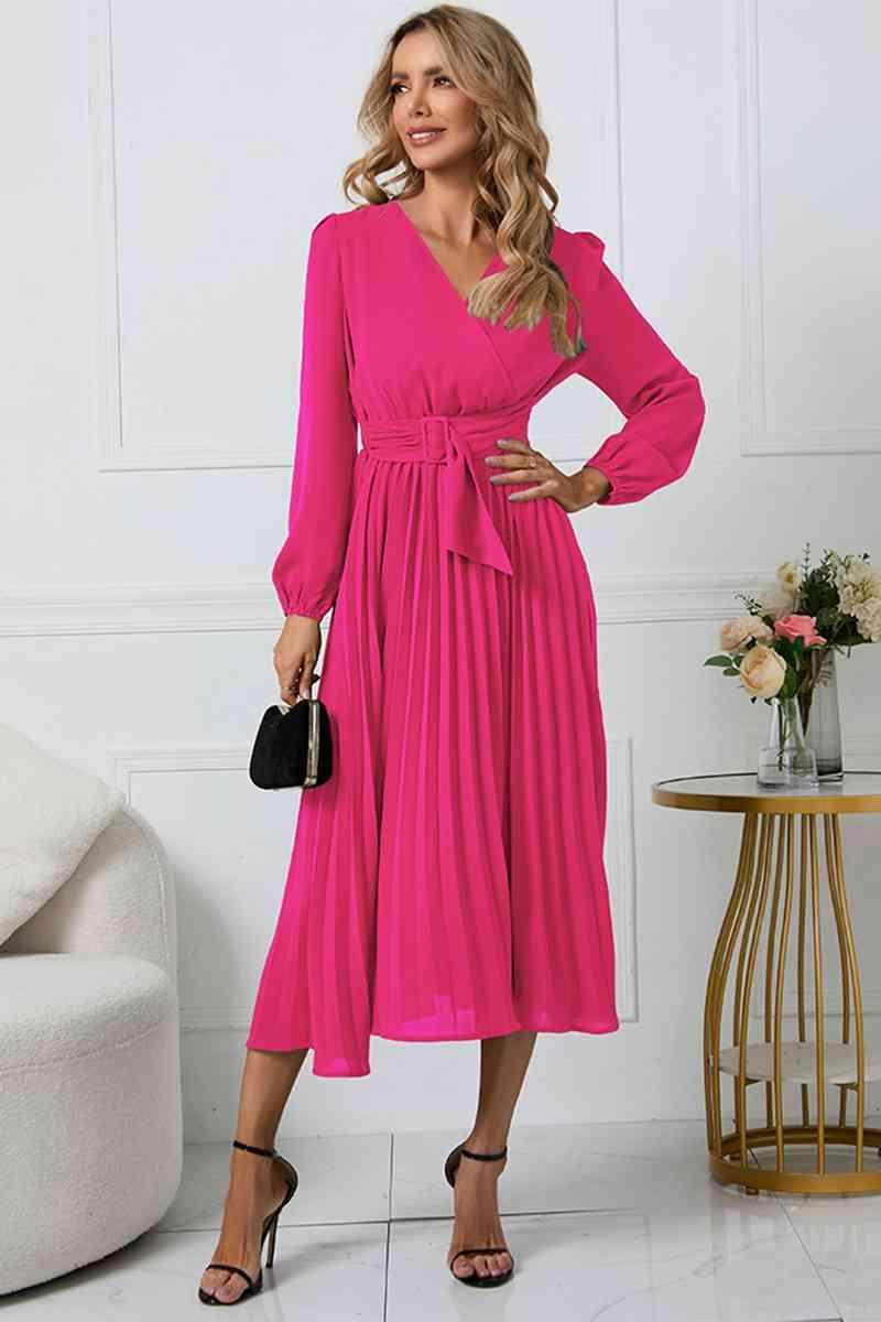 V-Neck Long Sleeve Tie Waist Midi Dress for Women