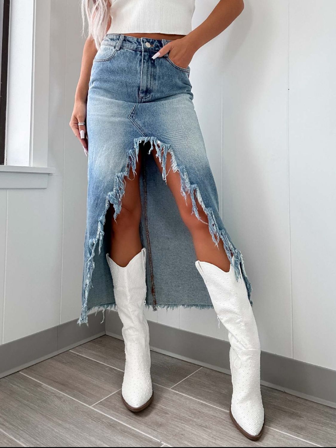 High-Waist Raw Hem Asymmetry Denim Skirt