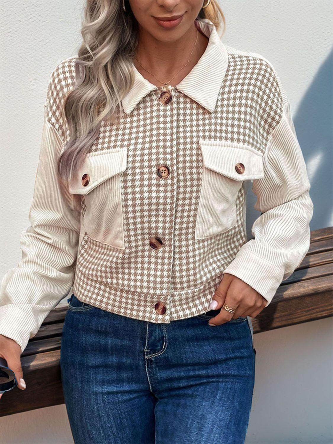 Perfee Pocketed Houndstooth Long Sleeve Jacket for Women