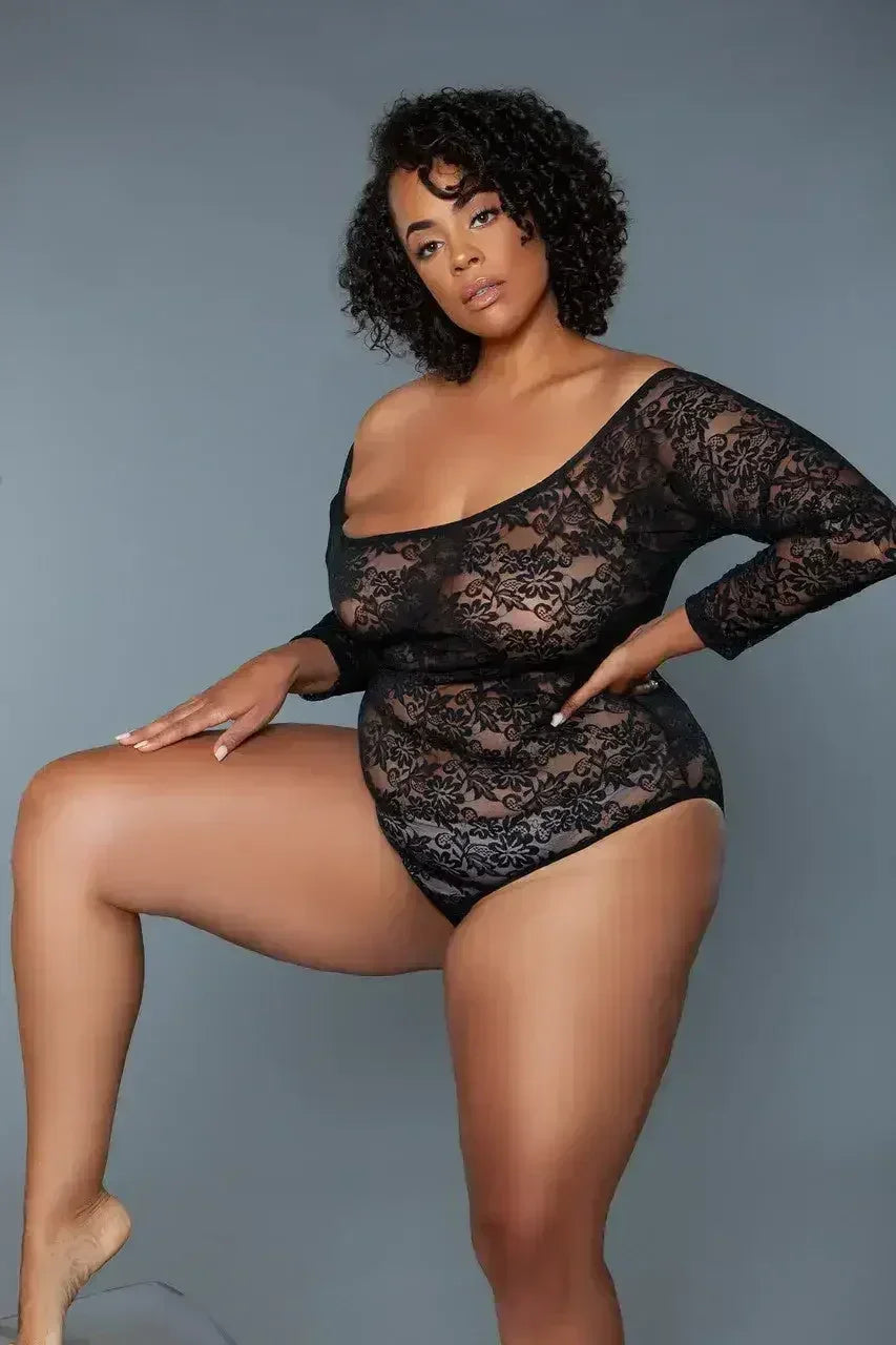Off-Shoulder Floral Lace Bodysuit | Long Sleeve Snap Closure - Femstylo