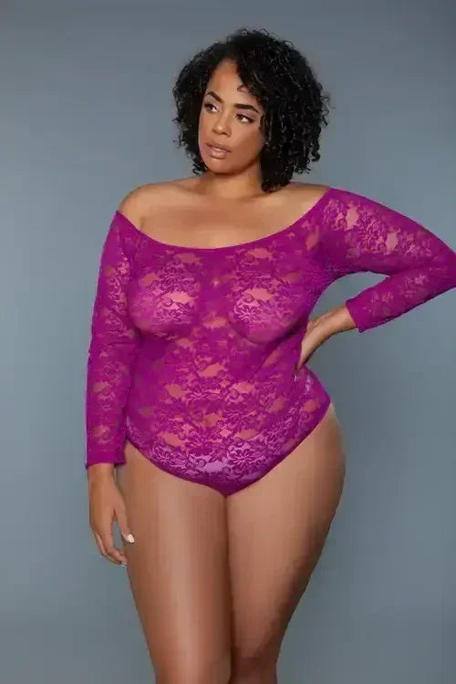 Off-Shoulder Floral Lace Bodysuit | Long Sleeve Snap Closure - Femstylo