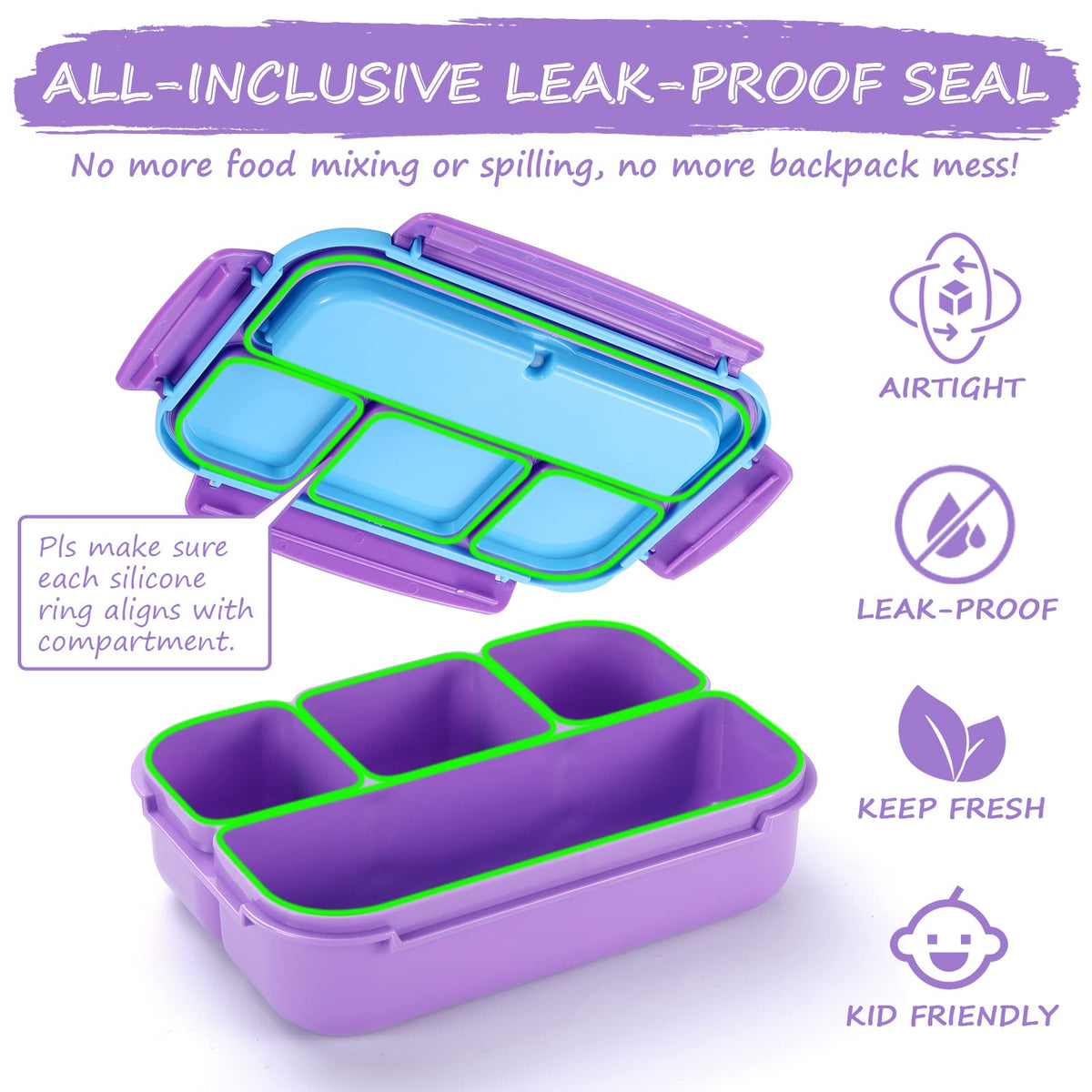 Bento Lunch Box for Kids - 4 Compartment Leak-Proof School Lunch Container with Utensils Purple