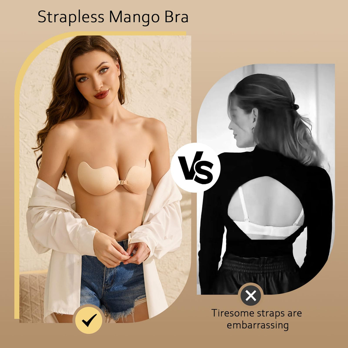 Strapless Backless Adhesive Push Up Bra - Invisible Sticky Bra with Nipple Covers