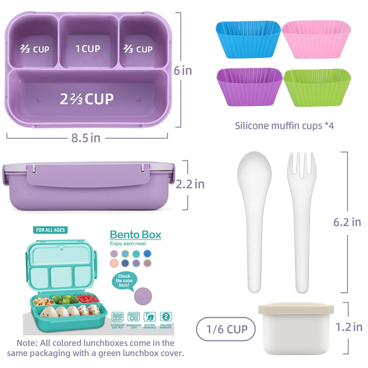 Bento Lunch Box for Kids - 4 Compartment Leak-Proof School Lunch Container with Utensils Purple