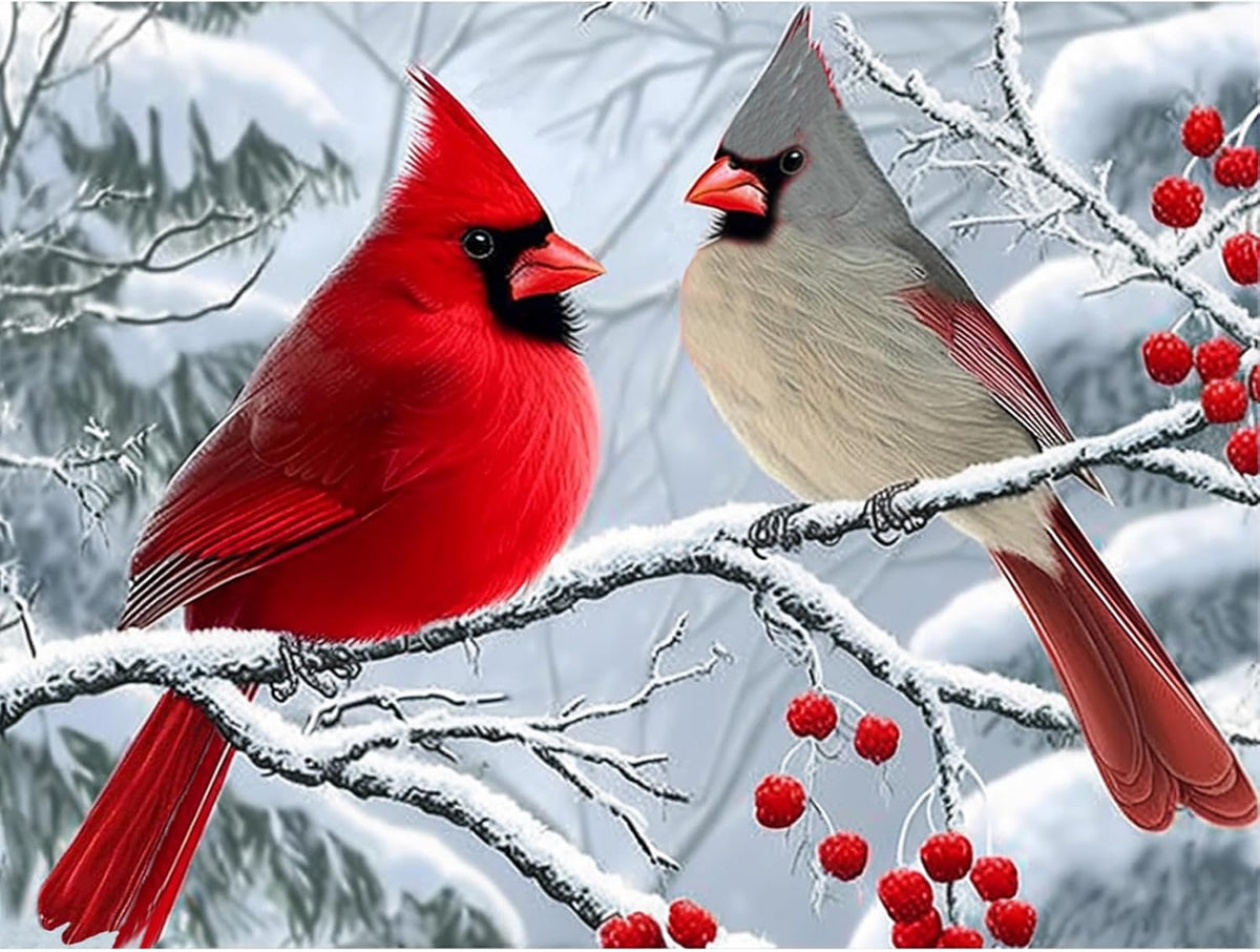 Cardinals Diamond Art Kits for Adults, 5D Christmas Diamond Painting Kits for Beginner, Full Round Drills Red Birds Painting By Diamond Snow Scene Bead Gem Art for Home Decor 16 x 12 in
