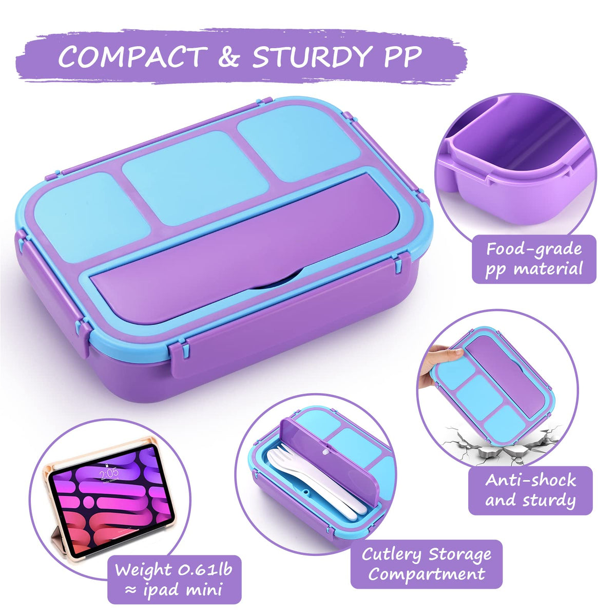 Bento Lunch Box for Kids - 4 Compartment Leak-Proof School Lunch Container with Utensils Purple