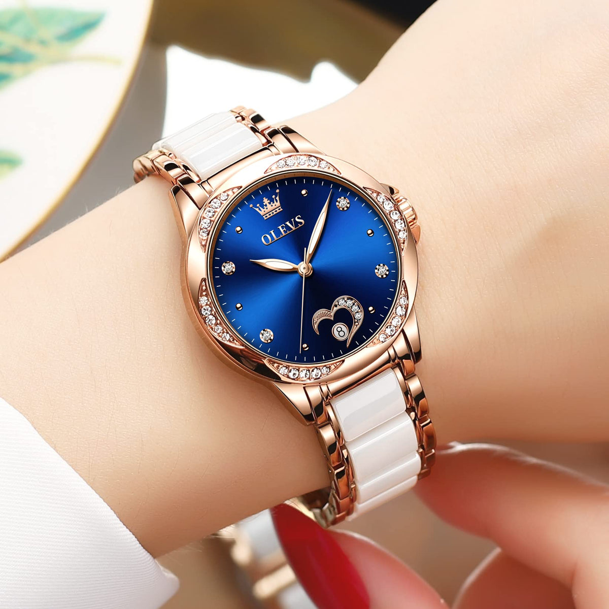 OLEVS Womens Automatic Watch, Premium Large Face Diamond Accented Self Winding Watches for Women, Fashion Waterproof Ladies Dress Watch, Two Tone Stainless Steel Ceramic Bracelet