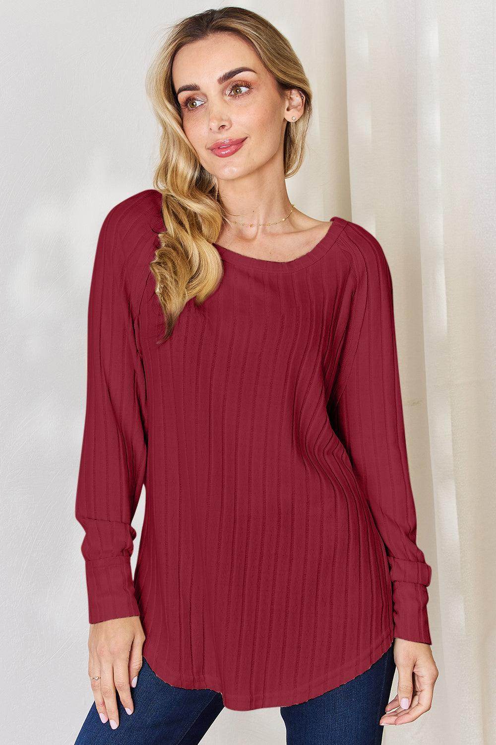 Basic Bae Full Size Ribbed Round Neck Slit T-Shirt for Women