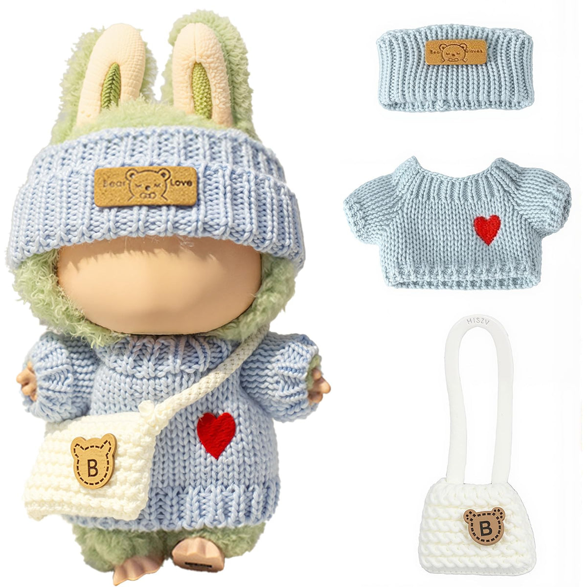 3 Piece Handmade Crochet Outfit for 17cm Dolls - Heart Sweater Hat & Bag Set