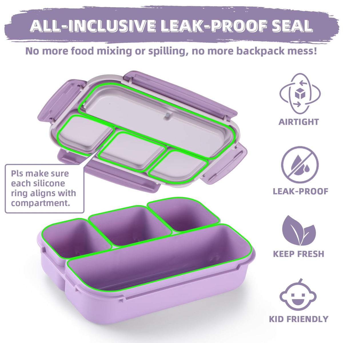 Bento Lunch Box for Kids - 4 Compartment Leak-Proof School Lunch Container with Utensils Purple