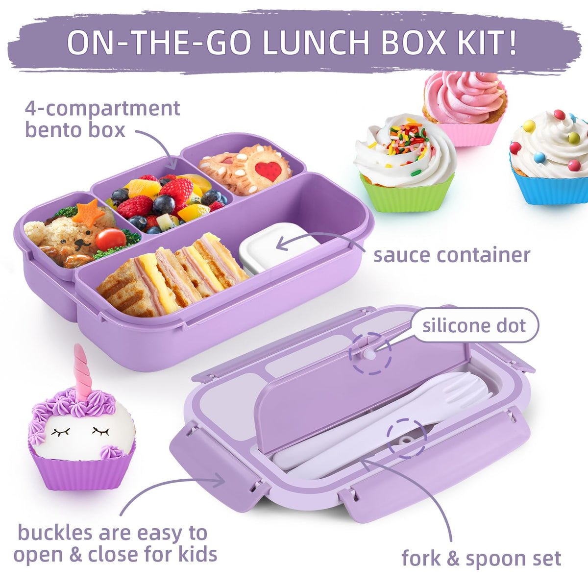 Bento Lunch Box for Kids - 4 Compartment Leak-Proof School Lunch Container with Utensils Purple