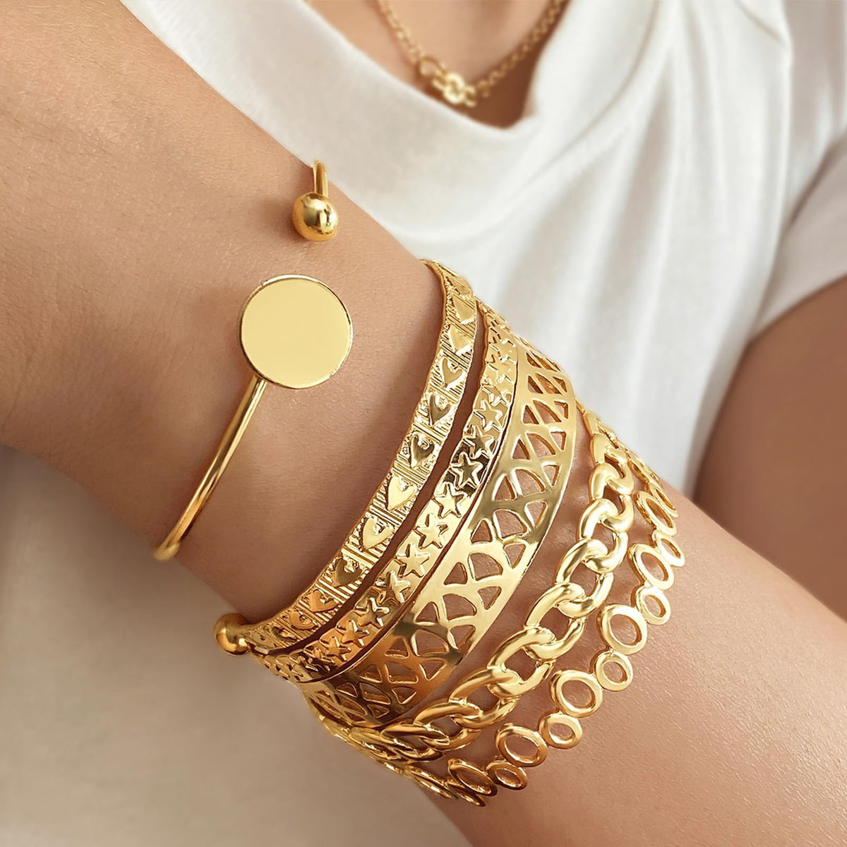 IFKM Gold Bangle Bracelets For Women, 14k Gold Plated Multi Layer Stackable Cuff Bracelet Set, Trendy Elegance Charms Non Tarnish Minimalist Textured Boho Jewelry Gift for Women