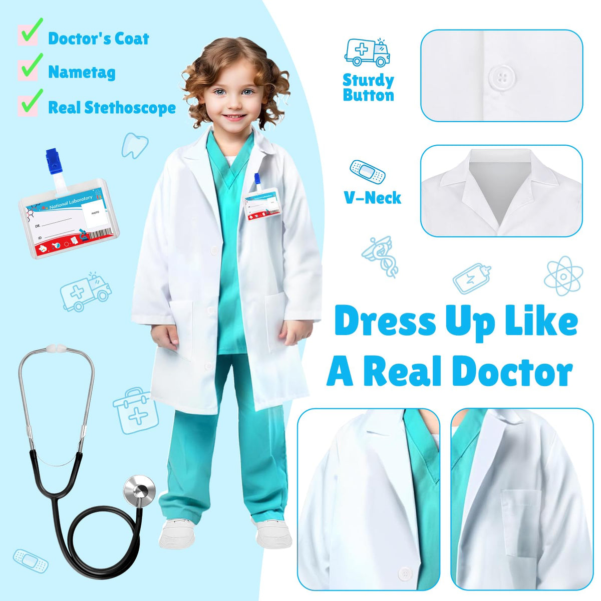 Doctor Costume for Kids - Lab Coat with Real Stethoscope Ages 3-12