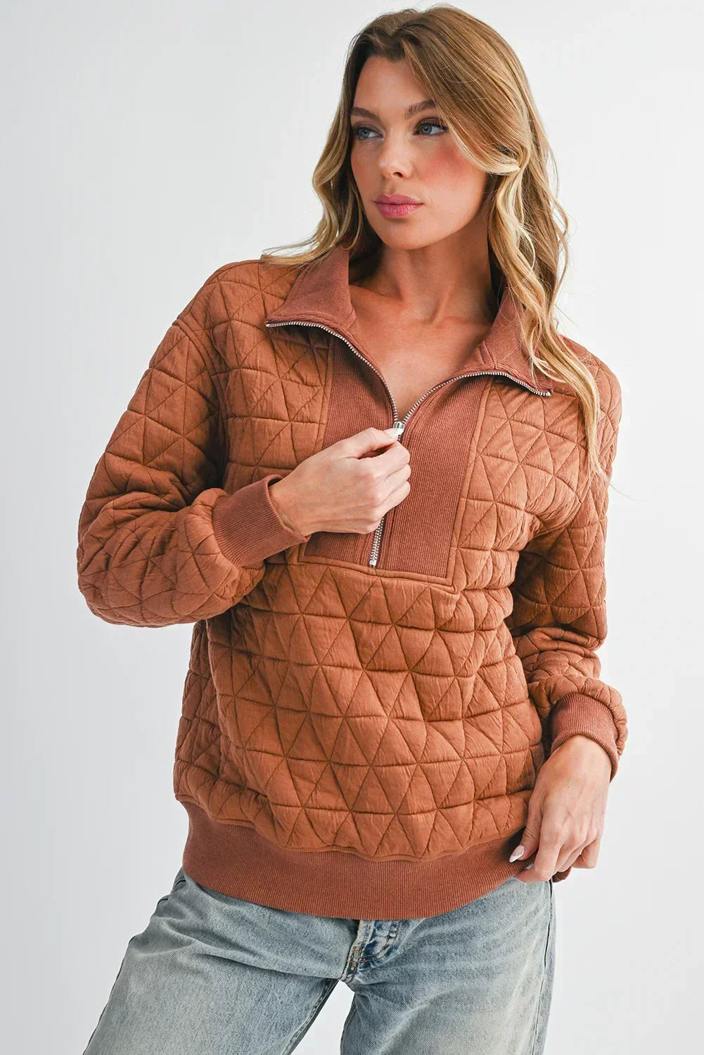 Brown Textured Zipper Neck Long Sleeve Pullover Sweatshirt - Femstylo