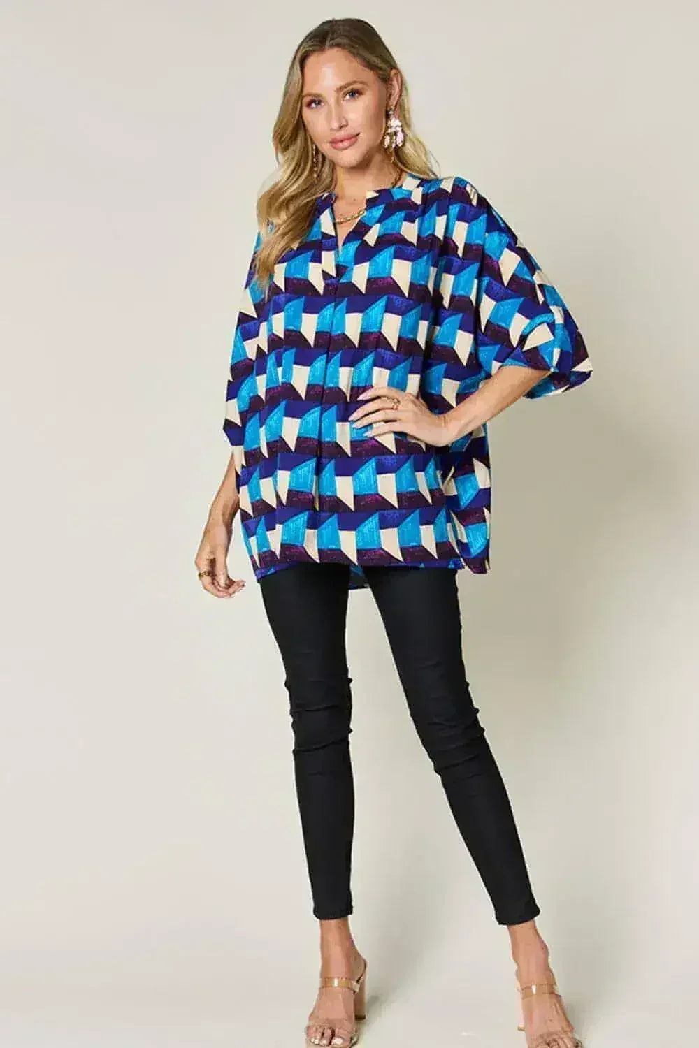 Geometric Notched Sleeve Blouse - Versatile Top | Femstylo