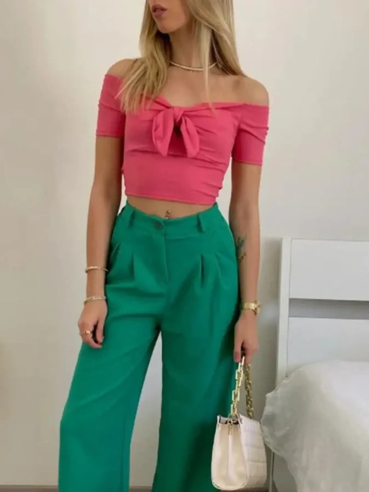 Off-Shoulder Bow-Tie Crop Top