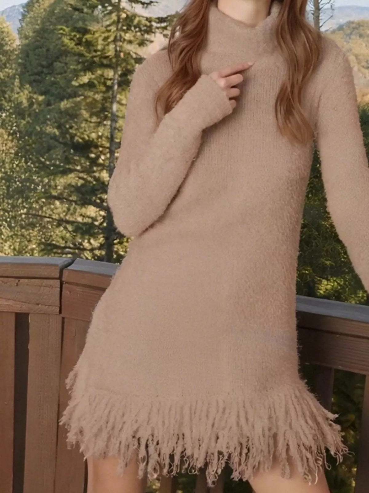 Fringe Turtleneck Long Sleeve Sweater Dress