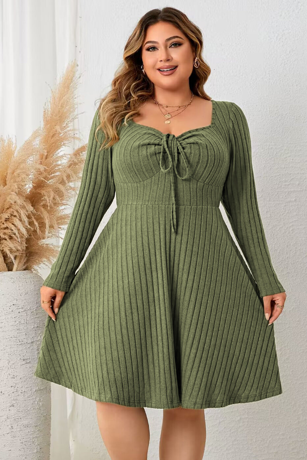 Honey Sweetheart Neck Long Sleeve Ribbed Dress