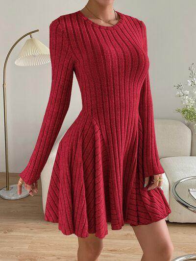 Ribbed Round Neck Long Sleeve Dress for Everyday Style