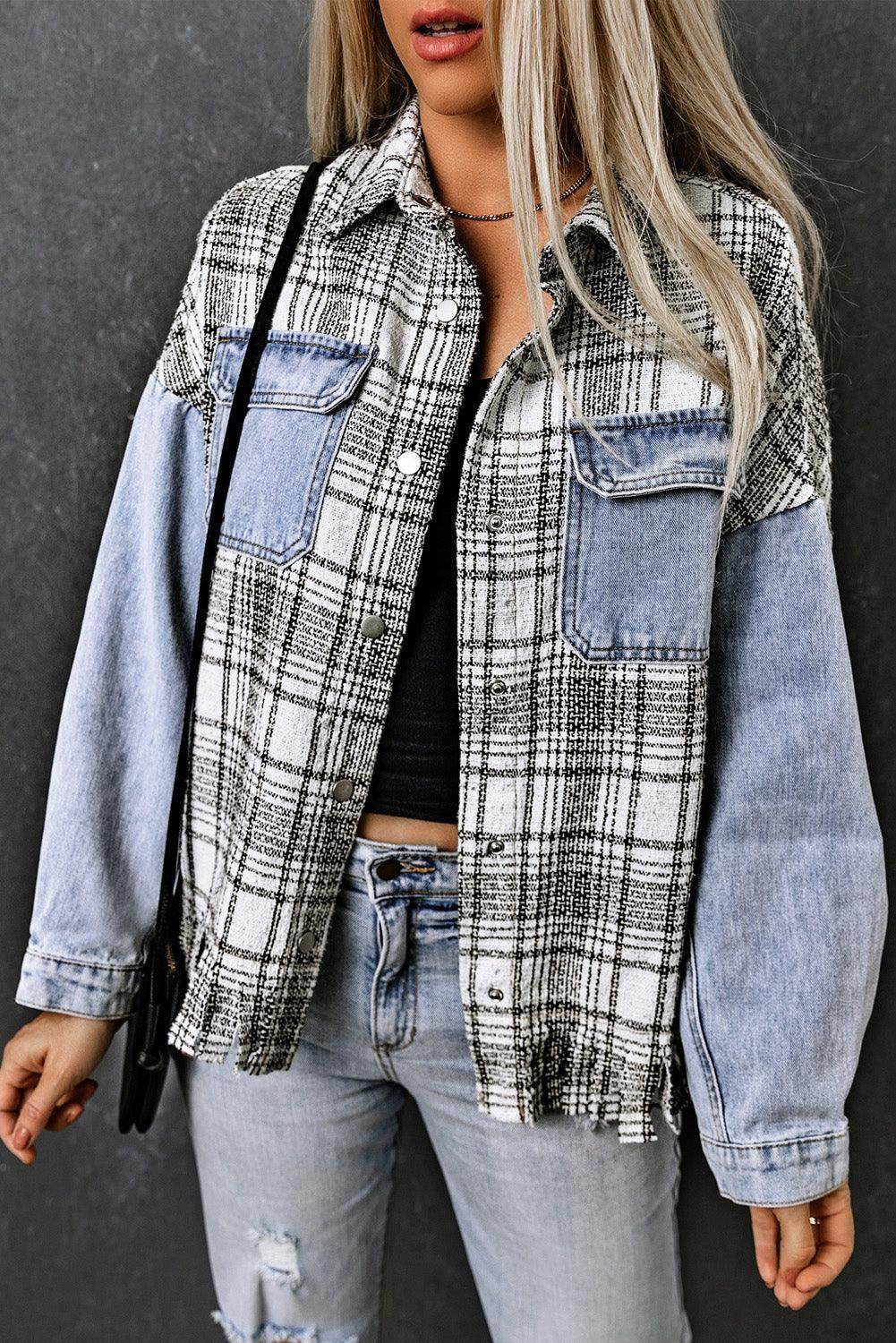 Plaid Pocketed Snap Down Denim Jacket for Stylish Comfort